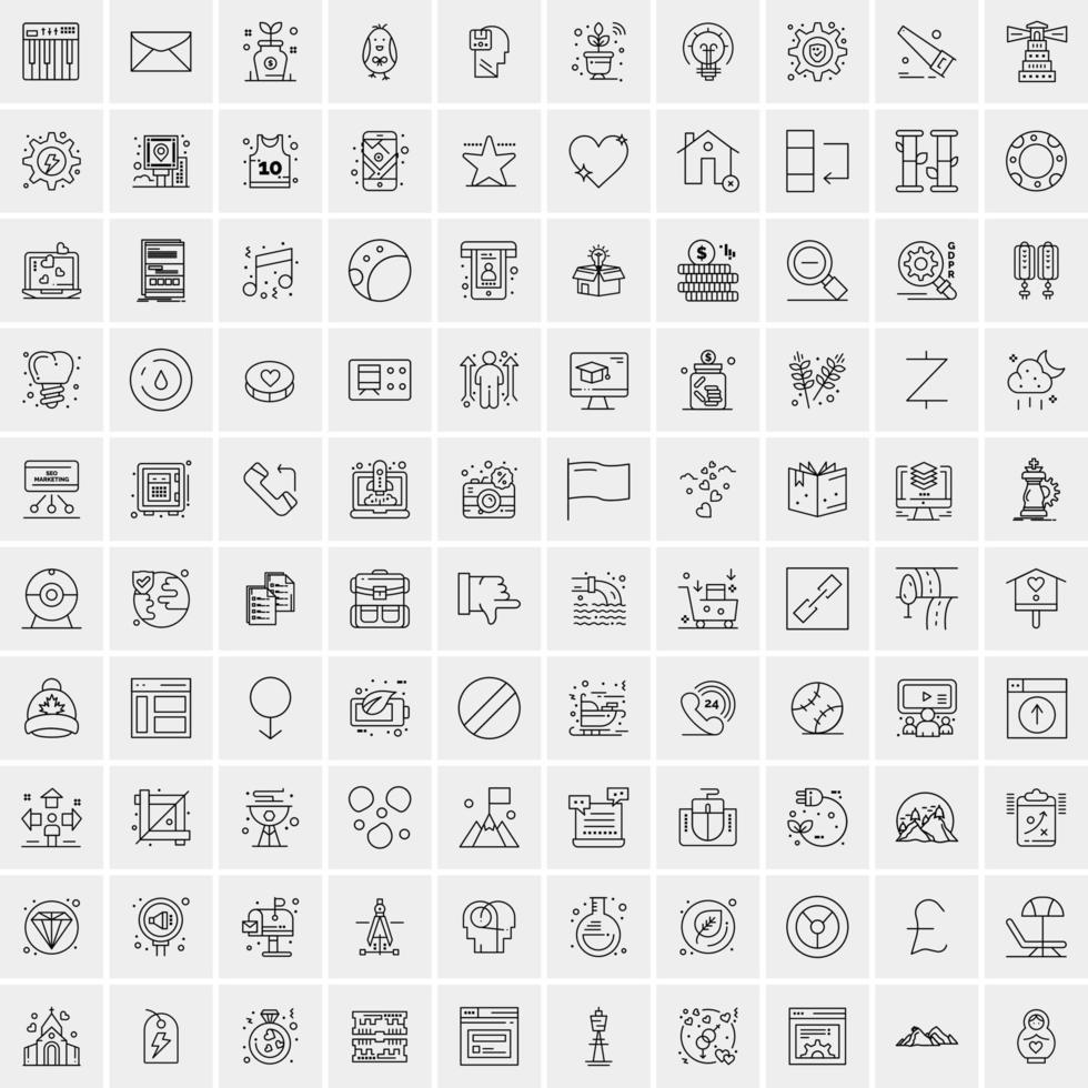 100 Universal Black Line Icons on White Background vector