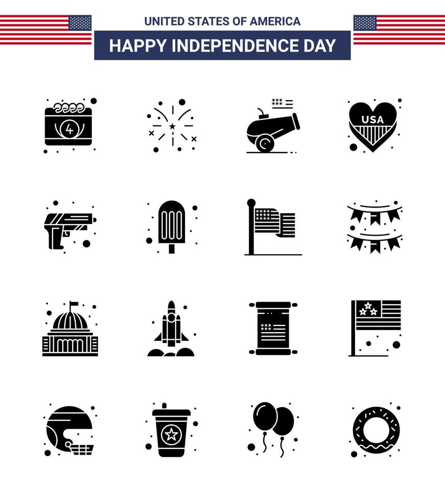 4 de julio usa feliz día de la independencia icono símbolos grupo de 16 glifos sólidos modernos de seguridad usa big gun love american editable usa day elementos de diseño vectorial vector