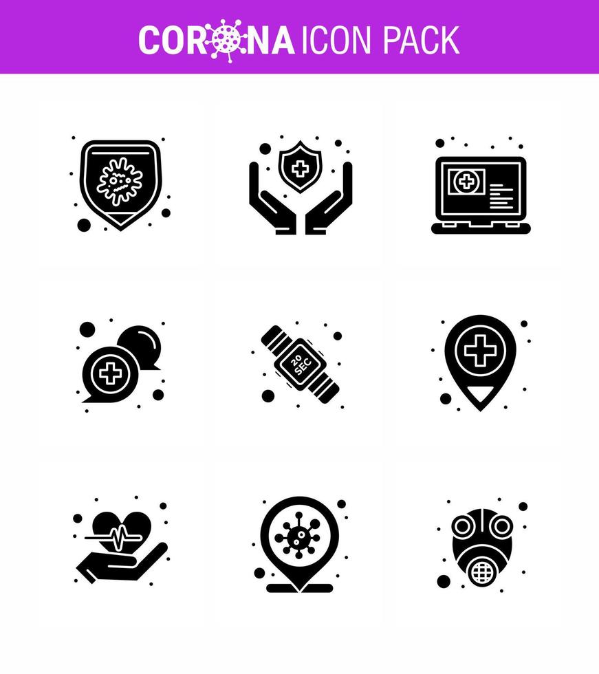 Coronavirus awareness icons 9 Solid Glyph Black icon Corona Virus Flu Related such as seconds support online online communication viral coronavirus 2019nov disease Vector Design Elements