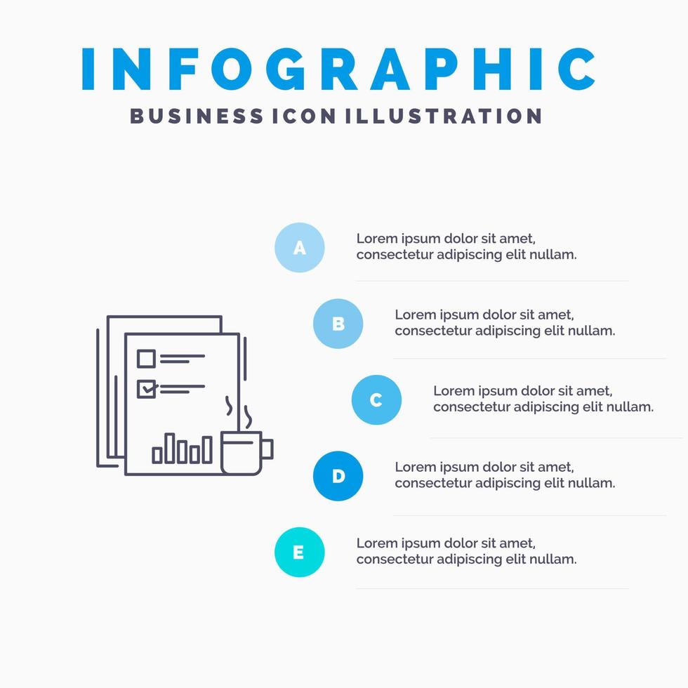 café mercado financiero noticias periódico periódicos papel línea icono con 5 pasos presentación infografía fondo vector