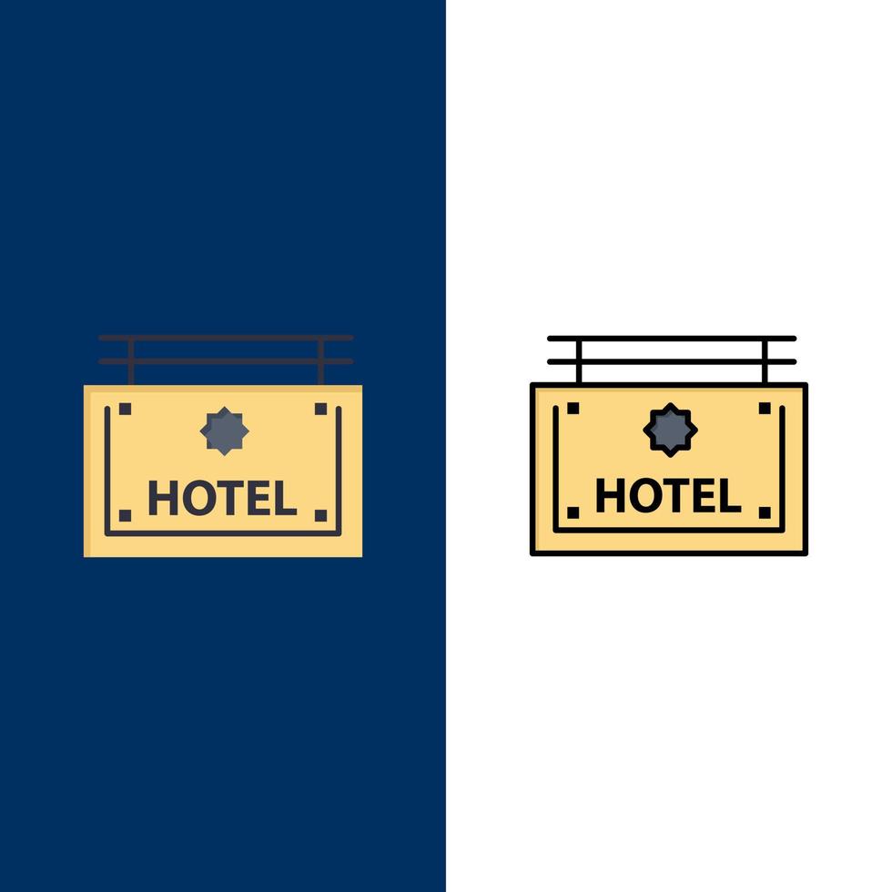 iconos de dirección del letrero del hotel plano y conjunto de iconos llenos de línea vector fondo azul
