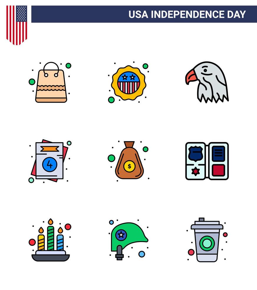 conjunto moderno de 9 líneas planas rellenas y símbolos en el día de la independencia de estados unidos, como dinero, boda, animal, invitación de estados unidos, elementos de diseño vectorial editables del día de estados unidos vector