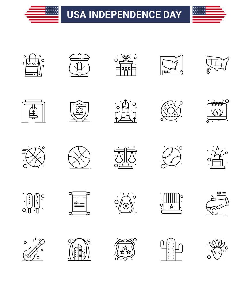 25 USA Line Signs Independence Day Celebration Symbols of bell usa building united map Editable USA Day Vector Design Elements