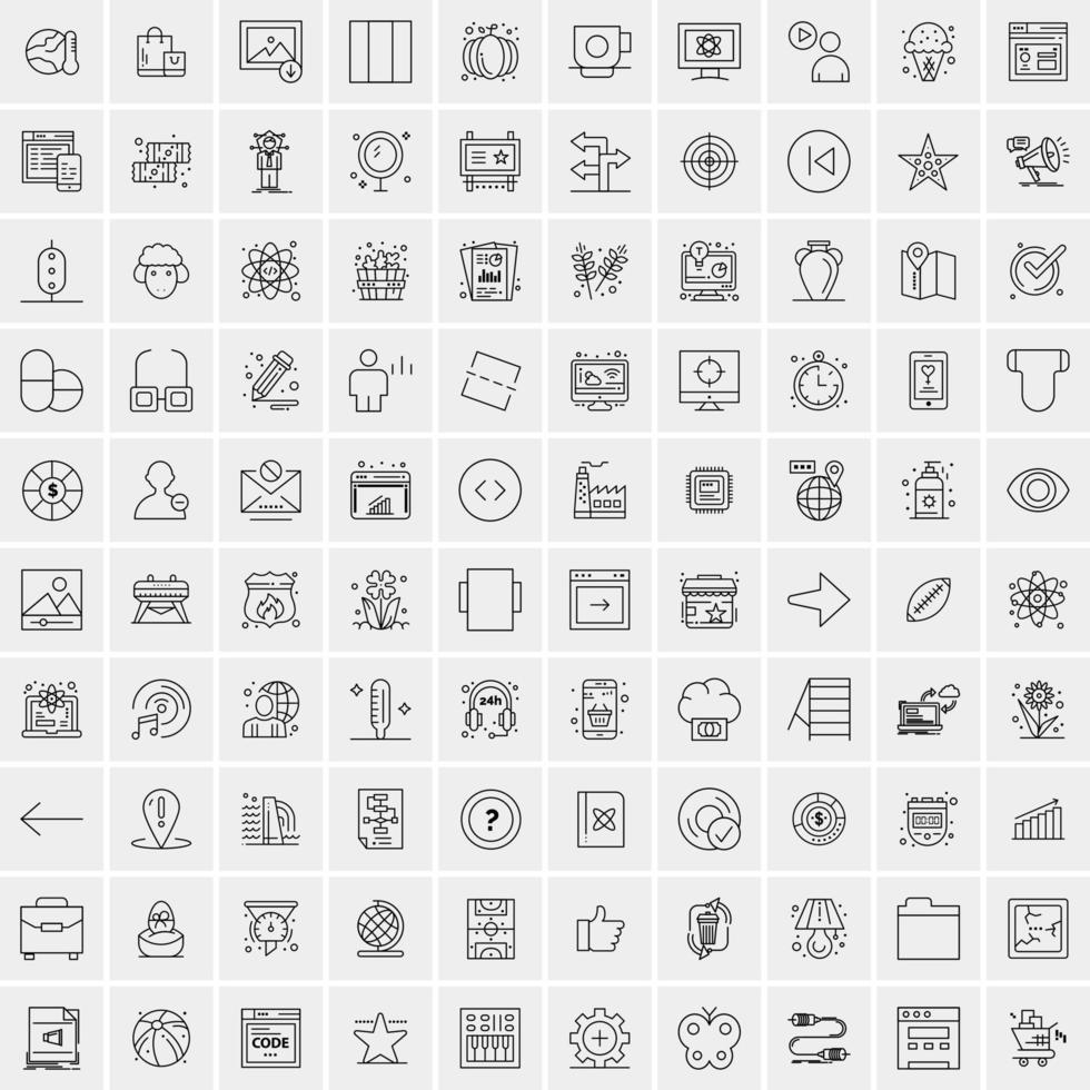 100 Universal Black Line Icons on White Background vector