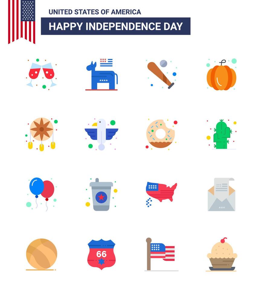 USA Independence Day Flat Set of 16 USA Pictograms of dream catcher adornment baseball usa festival american Editable USA Day Vector Design Elements