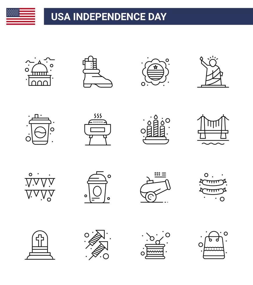 16 Line Signs for USA Independence Day bottle statue country of landmarks Editable USA Day Vector Design Elements