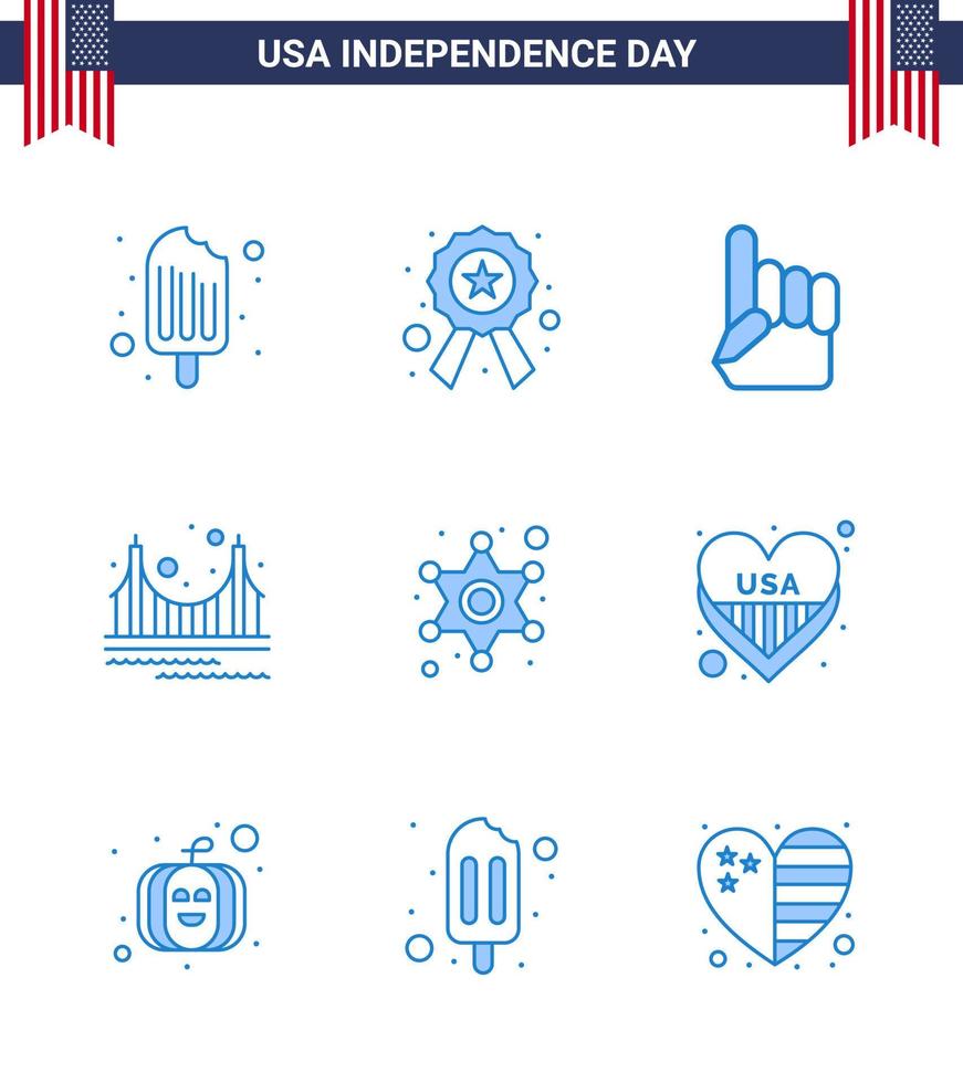 Happy Independence Day USA Pack of 9 Creative Blues of men landmark foam hand golden bridge Editable USA Day Vector Design Elements