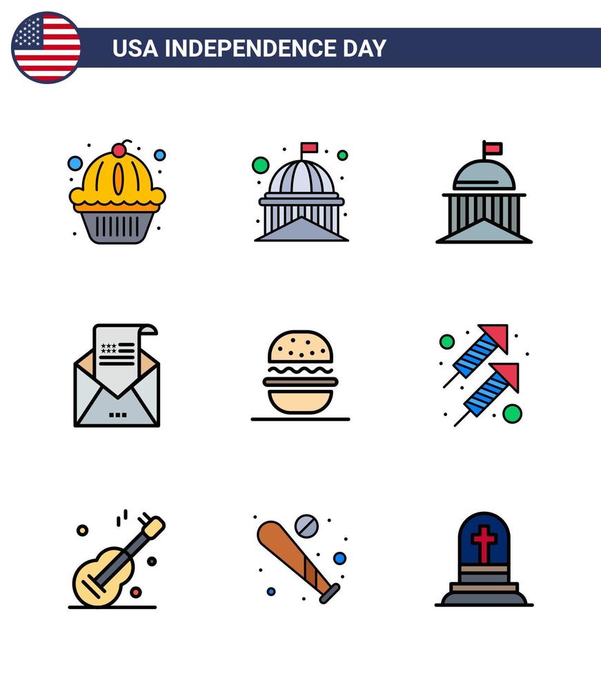 USA Happy Independence DayPictogram Set of 9 Simple Flat Filled Lines of invitation envelope white email ireland Editable USA Day Vector Design Elements