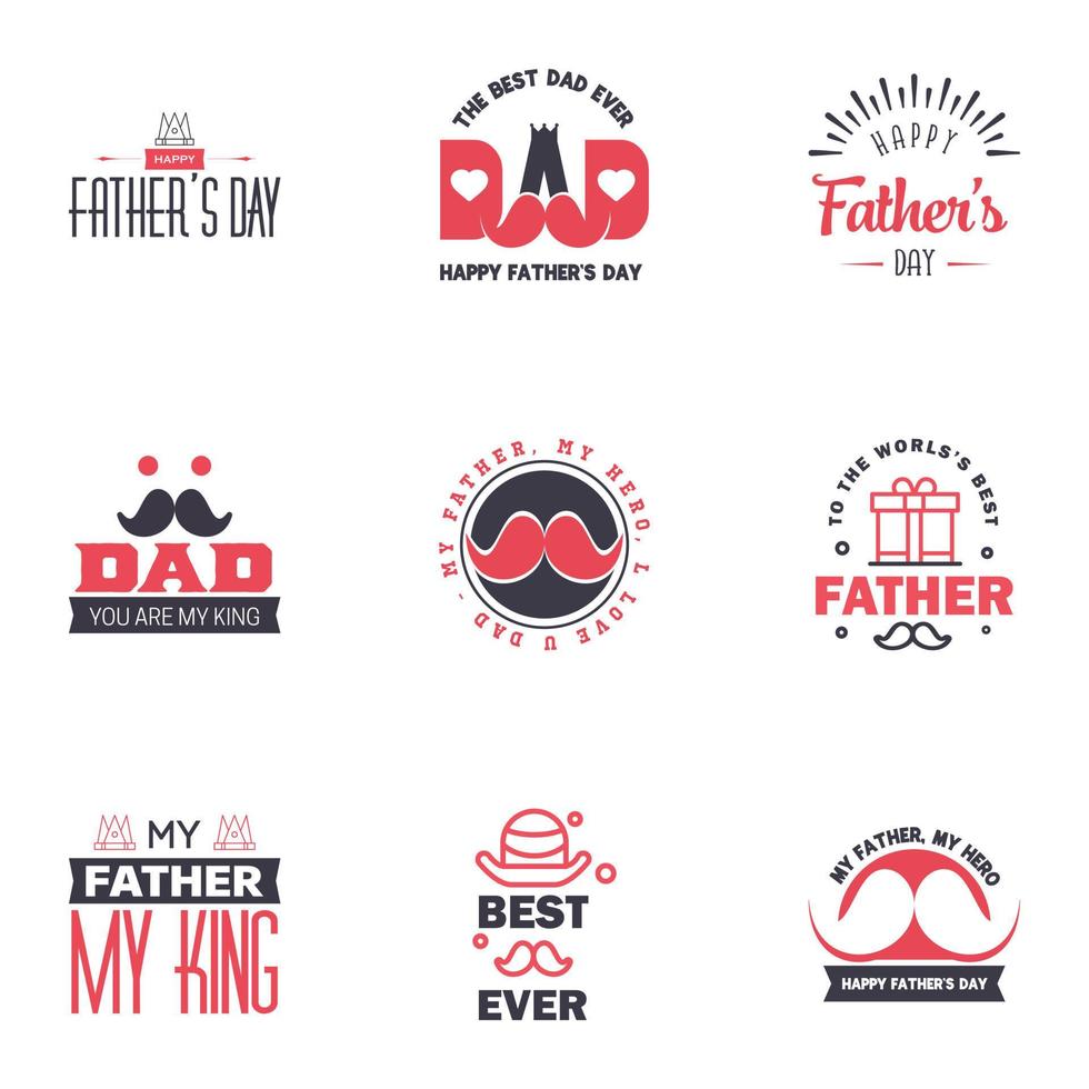 Happy Fathers day greeting hand lettering badges 9 Black and Pink Typo isolated on white Typography design template for poster banner gift card t shirt print label sticker Retro vintage style vector