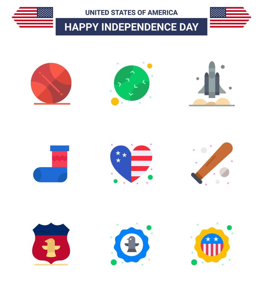 USA Happy Independence DayPictogram Set of 9 Simple Flats of heart festivity launcher christmas usa Editable USA Day Vector Design Elements