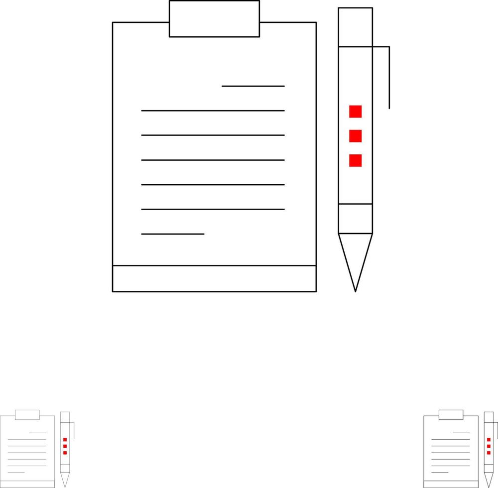 hoja de planificación de la página del archivo del portapapeles del negocio del documento conjunto de iconos de línea negra en negrita y delgada vector