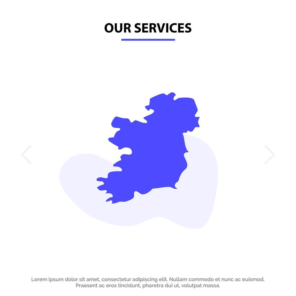 nuestros servicios mapa mundial irlanda icono de glifo sólido plantilla de tarjeta web vector