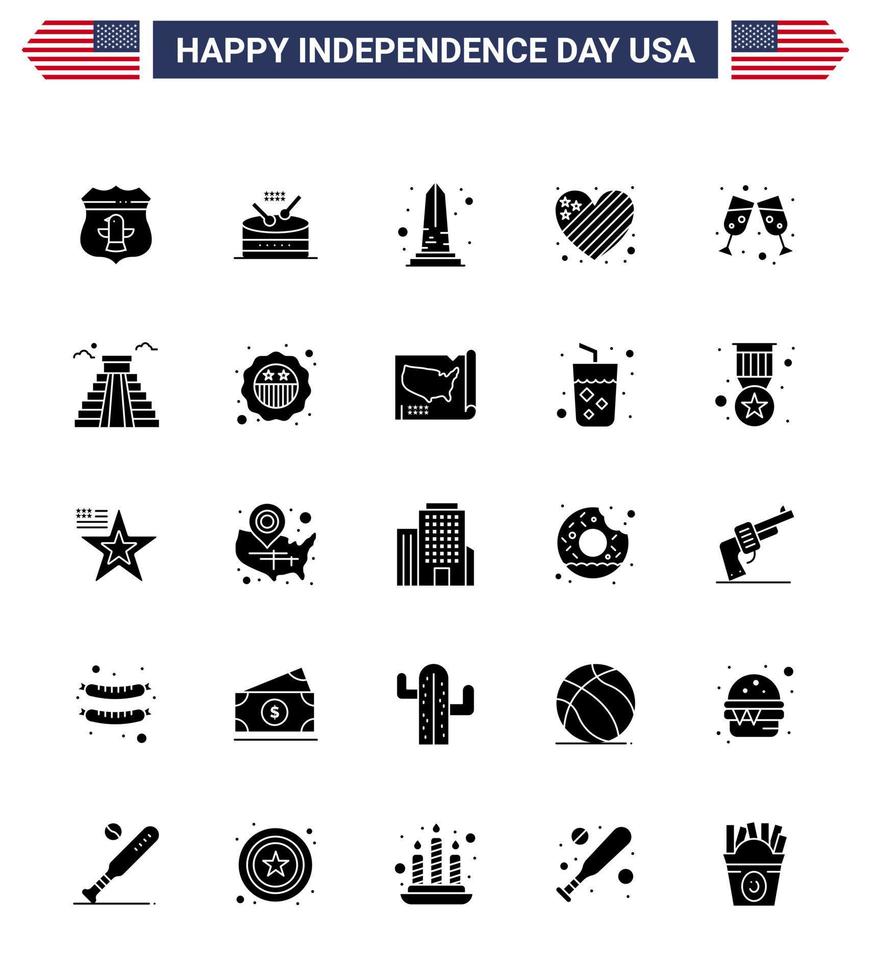 feliz día de la independencia paquete de ee.uu. de 25 glifos sólidos creativos de cerveza corazón hito bandera washington editable día de ee.uu. elementos de diseño vectorial vector