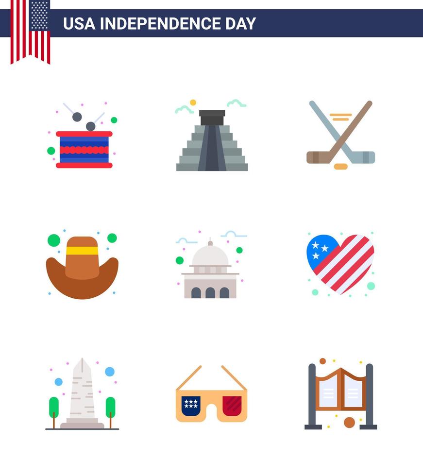 Big Pack of 9 USA Happy Independence Day USA Vector Flats and Editable Symbols of house hat usa cap american Editable USA Day Vector Design Elements