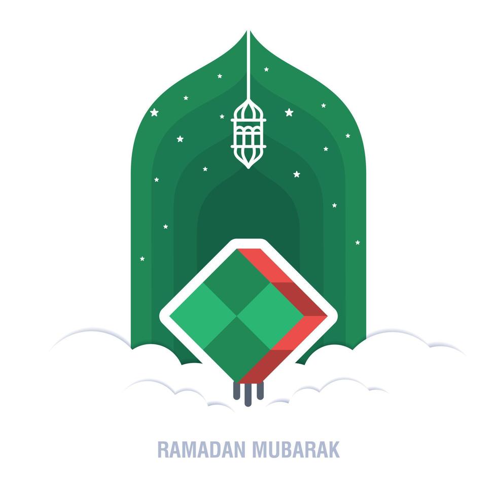 Ramadan Kareem islamic design crescent moon and mosque dome silhouette with arabic pattern and calligraphy vector