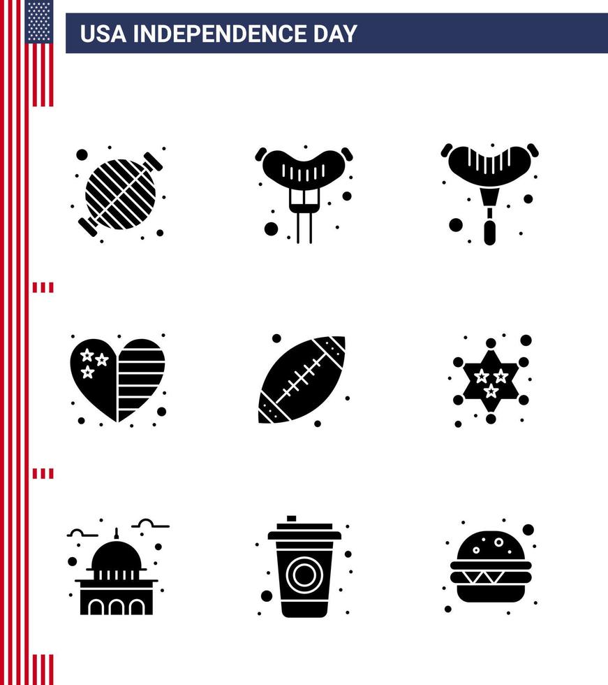 Happy Independence Day 4th July Set of 9 Solid Glyphs American Pictograph of military usa heart sport ball Editable USA Day Vector Design Elements