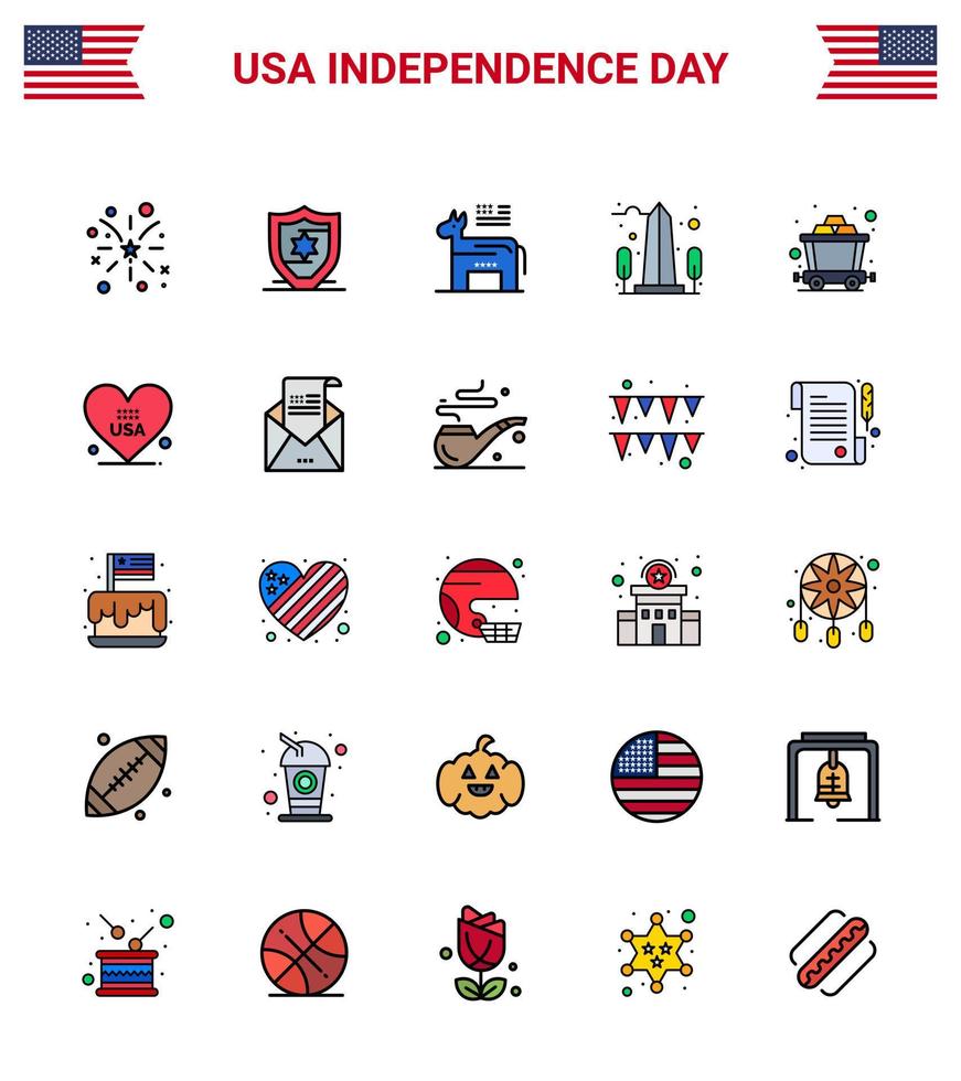 25 USA Flat Filled Line Signs Independence Day Celebration Symbols of mine washington american usa monument Editable USA Day Vector Design Elements