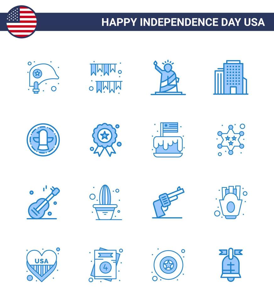 Blue Pack of 16 USA Independence Day Symbols of american office party building statue Editable USA Day Vector Design Elements
