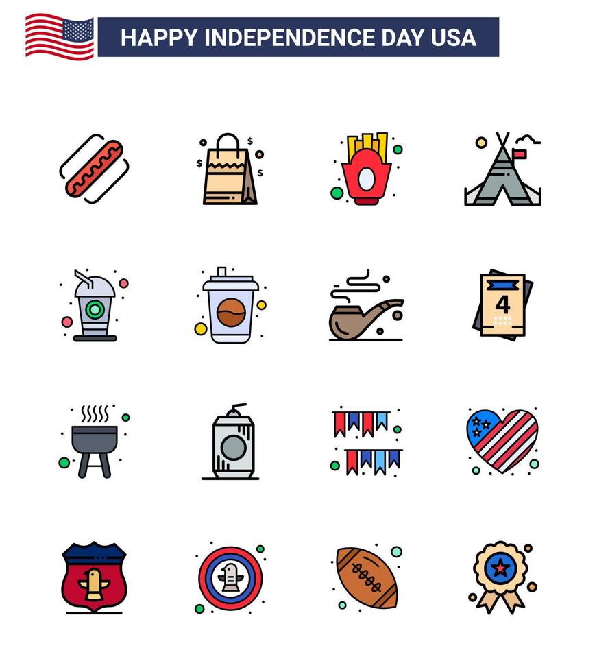 4th July USA Happy Independence Day Icon Symbols Group of 16 Modern Flat Filled Lines of cola american chips camp tent free Editable USA Day Vector Design Elements