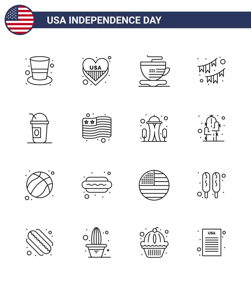 16 señales de línea para el día de la independencia de EE. UU. American Garland Tea Party Buntings Elementos de diseño de vector editables del día de EE. UU.