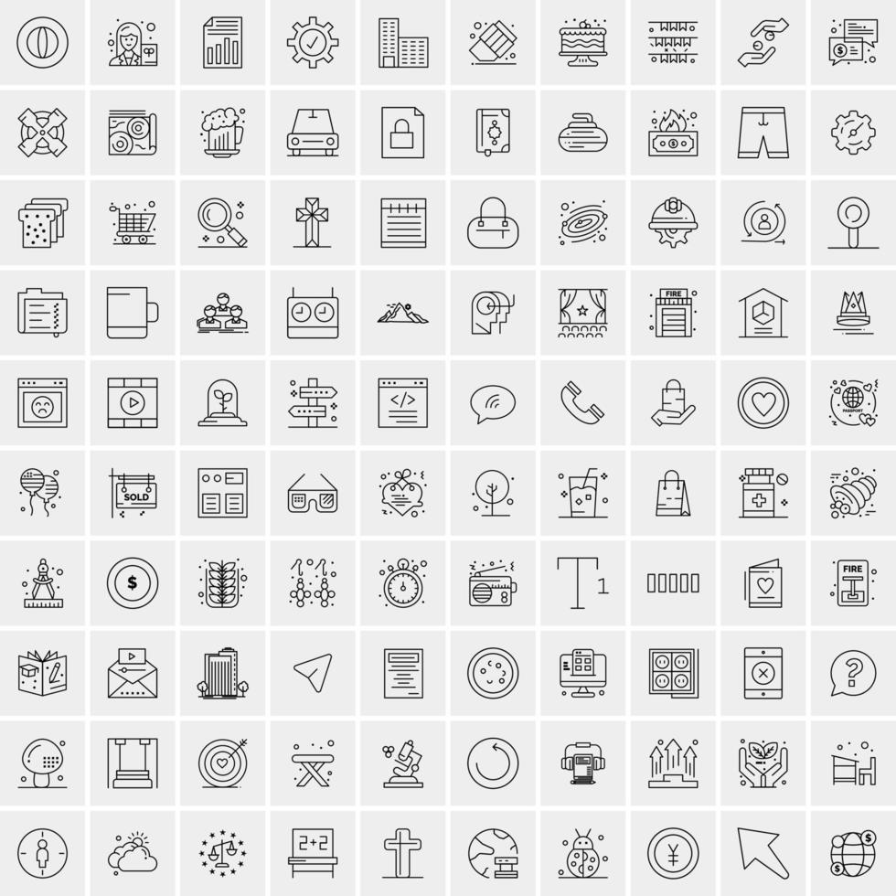 100 Universal Black Line Icons on White Background vector