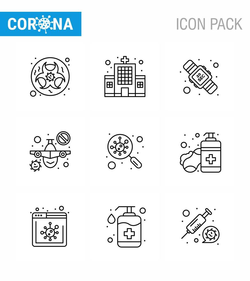 conjunto de iconos de 9 líneas colgantes de coronavirus de protección covid19, como el hospital de viajes de bacterias, que prohíben el lavado de elementos de diseño de vectores de enfermedades del coronavirus viral 2019nov