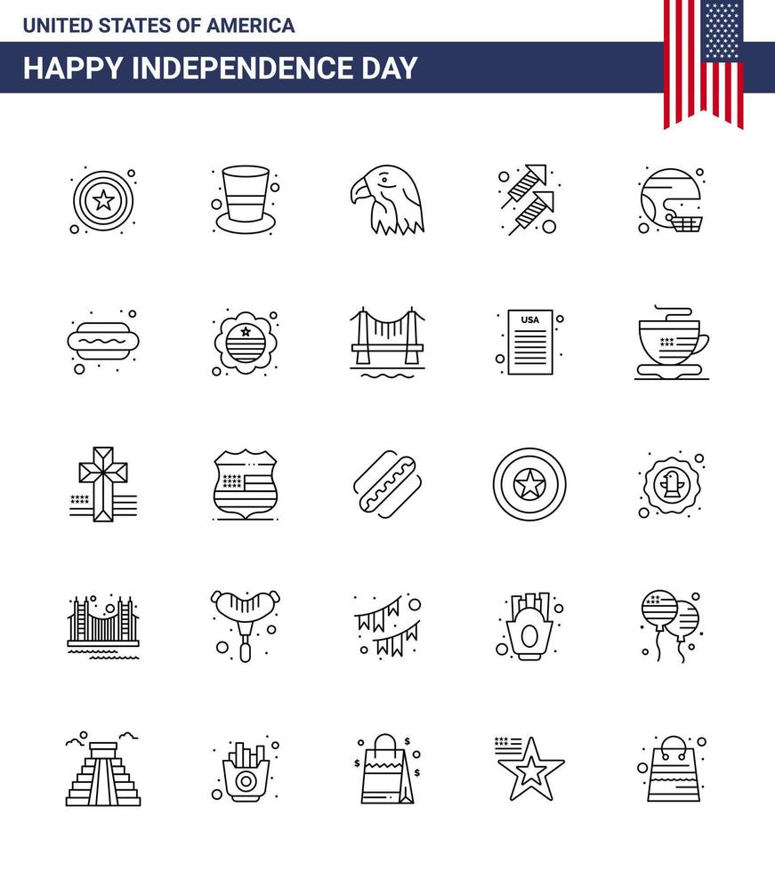 25 iconos creativos de estados unidos signos de independencia modernos y símbolos del 4 de julio de casco pájaro americano disparar fuego elementos de diseño de vector de día de estados unidos editables