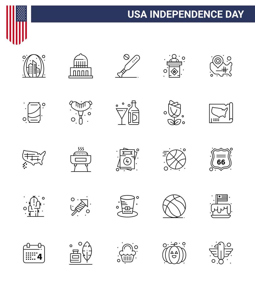 feliz día de la independencia 4 de julio conjunto de 25 líneas pictografía americana de elección de signo usa usa sports editable usa day elementos de diseño vectorial vector