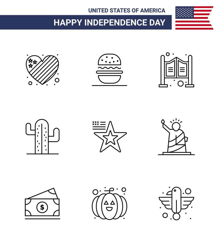 Happy Independence Day 9 Lines Icon Pack for Web and Print american american door plent cactus Editable USA Day Vector Design Elements