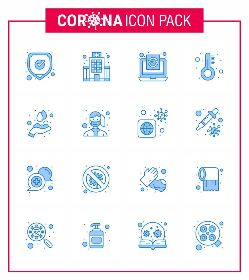 COVID19 corona virus contamination prevention Blue icon 25 pack such as hands care temperature coronavirus medicine virus viral coronavirus 2019nov disease Vector Design Elements