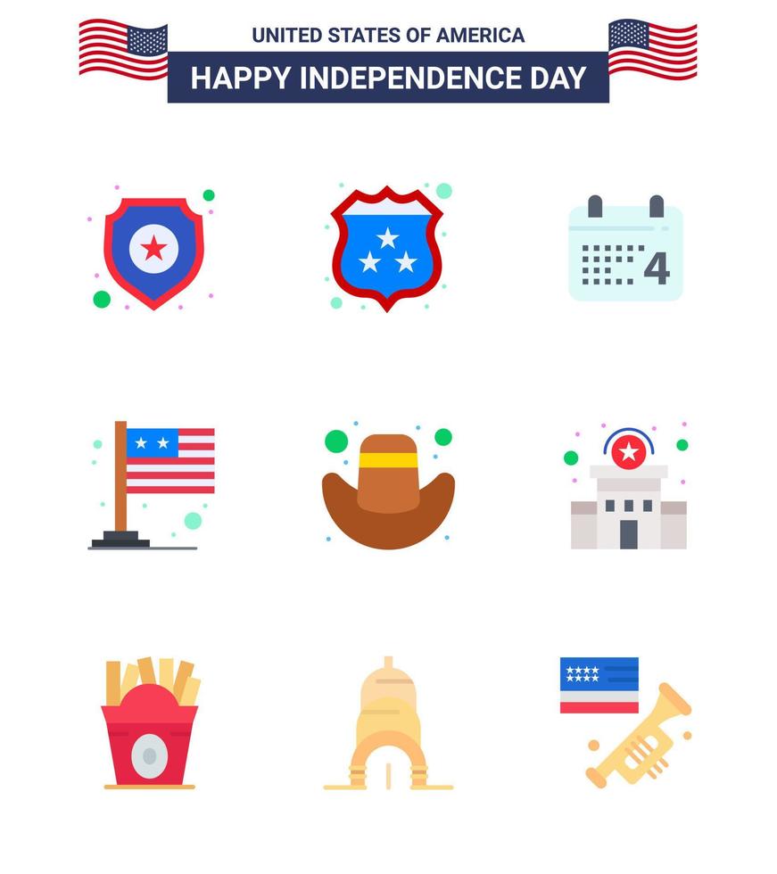 Modern Set of 9 Flats and symbols on USA Independence Day such as cap usa calender international country Editable USA Day Vector Design Elements