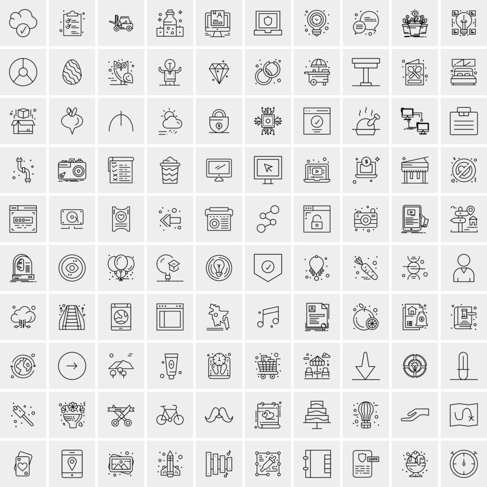 100 Universal Black Line Icons on White Background vector