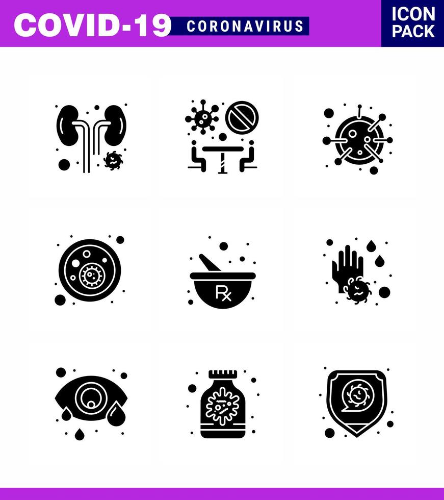 coronavirus 9 conjunto de iconos negros de glifo sólido sobre el tema de la epidemia de corona contiene iconos como el virus del tazón covid bacteria microorganismo virus coronavirus 2019nov elementos de diseño de vectores de enfermedades