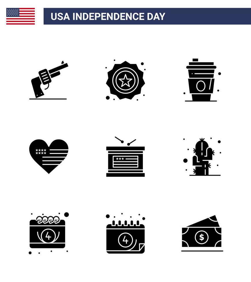 Set of 9 Modern Solid Glyphs pack on USA Independence Day holiday flag alcohol american heart Editable USA Day Vector Design Elements