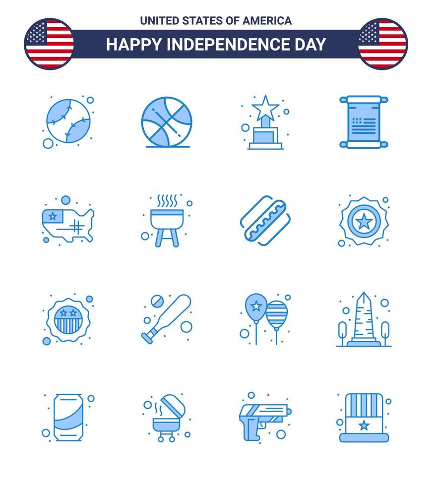 Pack of 16 creative USA Independence Day related Blues of united map achievement usa text Editable USA Day Vector Design Elements
