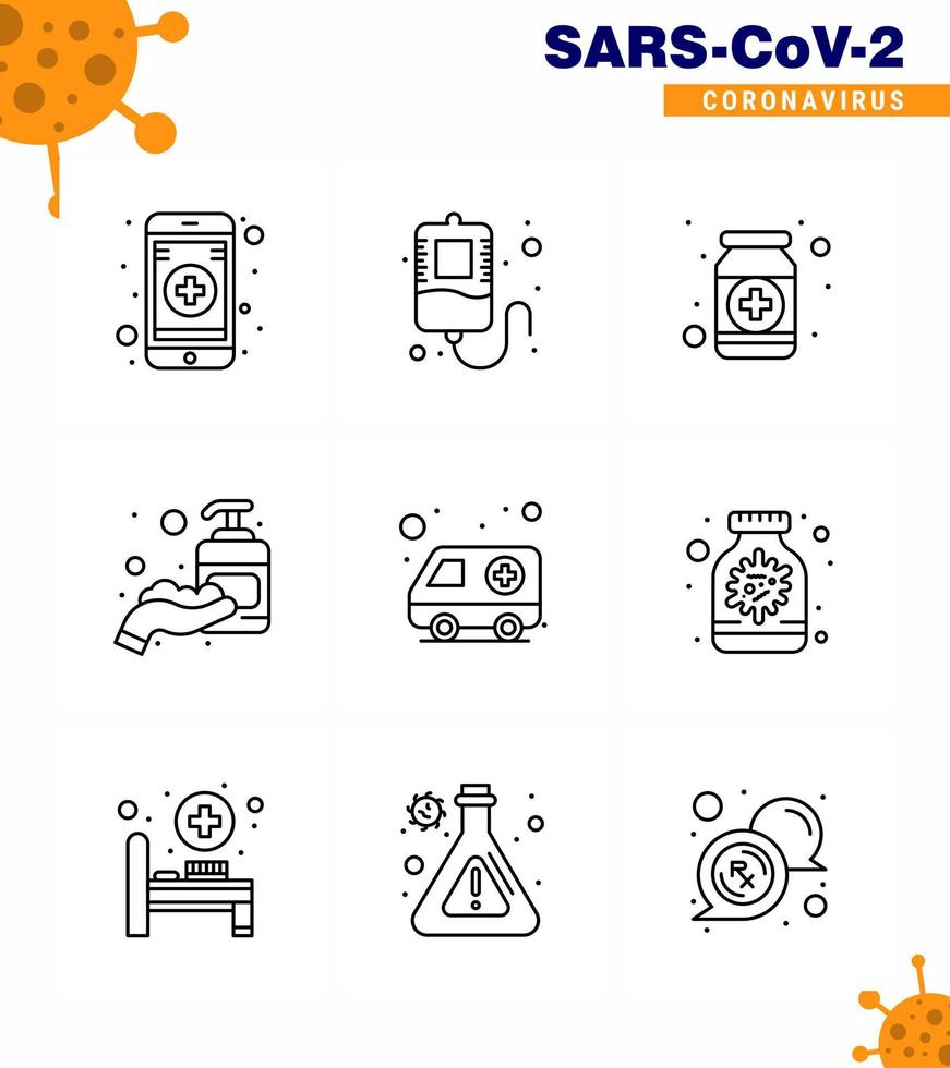 CORONAVIRUS 9 Line Icon set on the theme of Corona epidemic contains icons such as car sanitizer form hand sanitizer corona viral coronavirus 2019nov disease Vector Design Elements