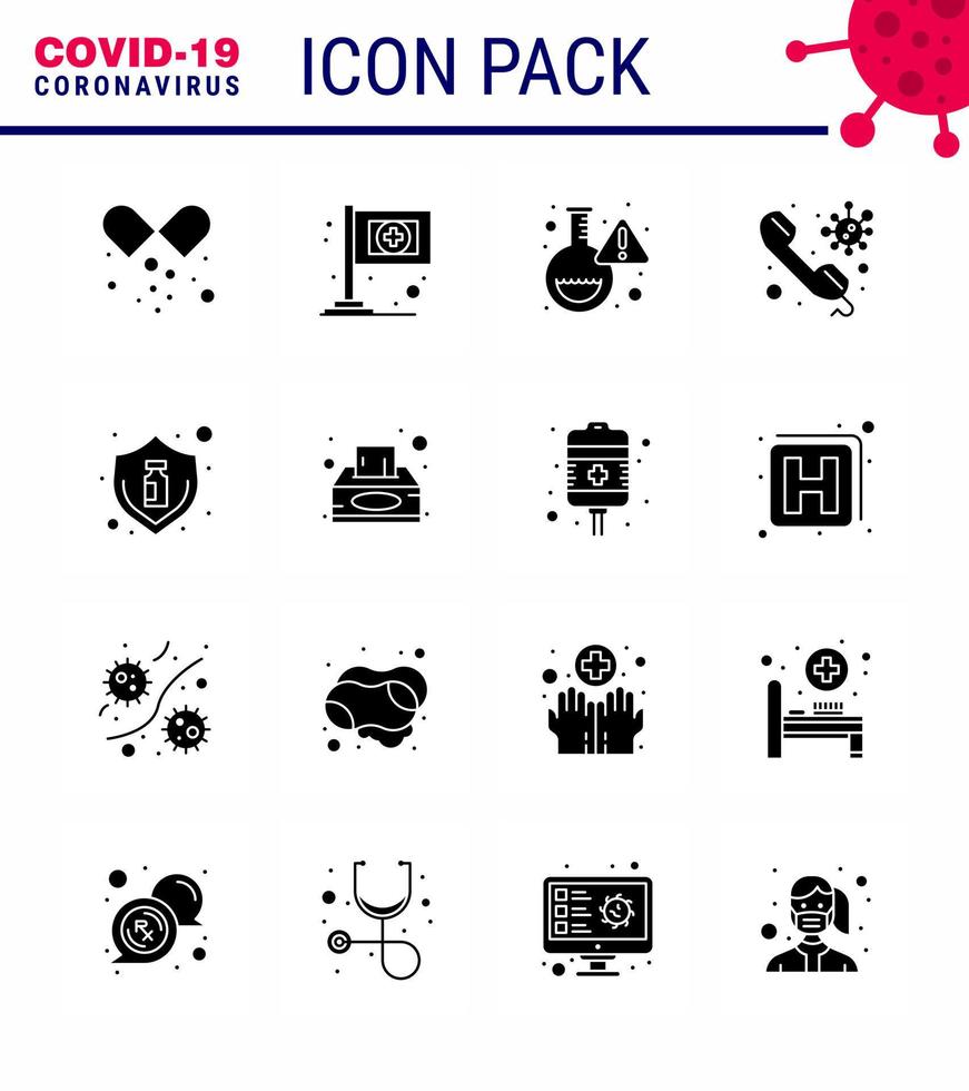 Coronavirus Prevention Set Icons 16 Solid Glyph Black icon such as protection call lab on consult viral coronavirus 2019nov disease Vector Design Elements