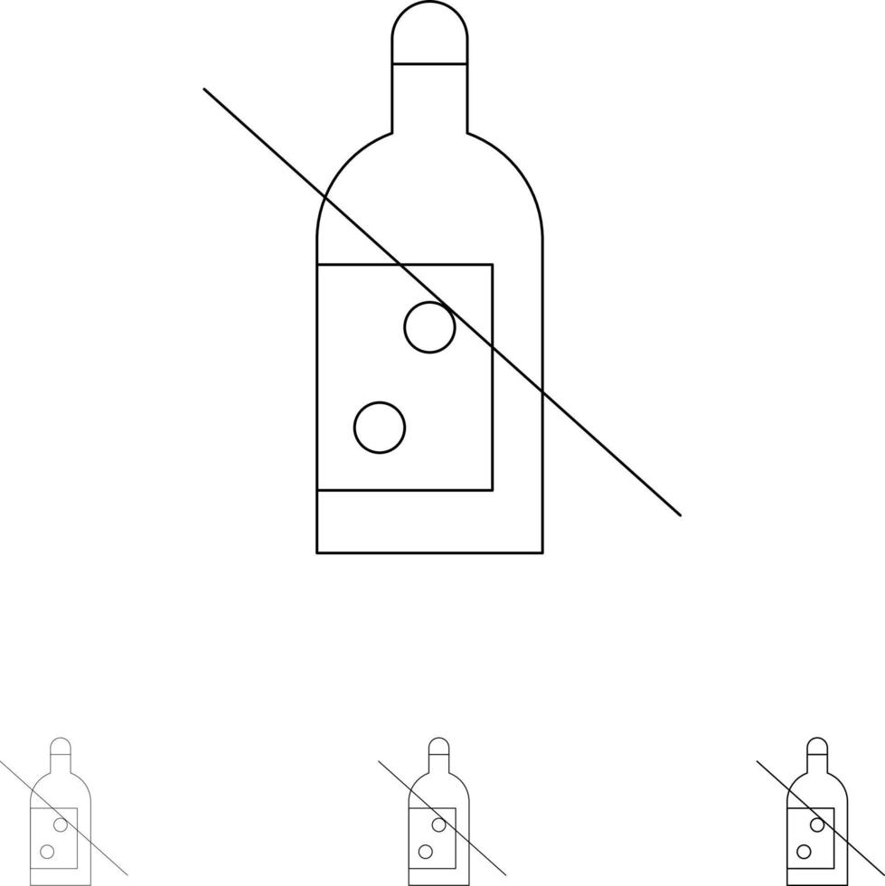 botella de alcohol prohibida sin whisky conjunto de iconos de línea negra en negrita y delgada vector