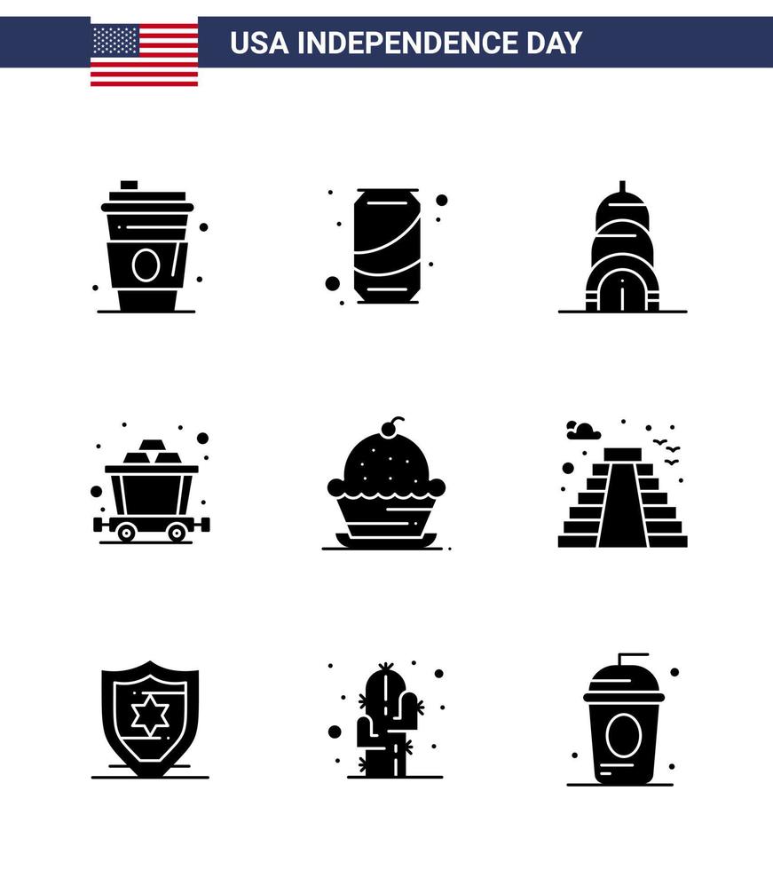 conjunto de 9 iconos del día de ee.uu. símbolos americanos signos del día de la independencia para postre dulce chrysler cake mine elementos de diseño de vector de día de ee.uu. editables