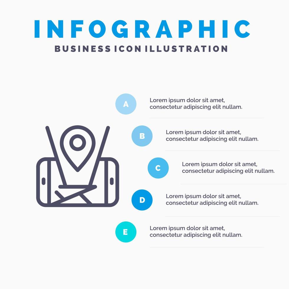 icono de línea de tecnología de ubicación móvil de mapa con fondo de infografía de presentación de 5 pasos vector