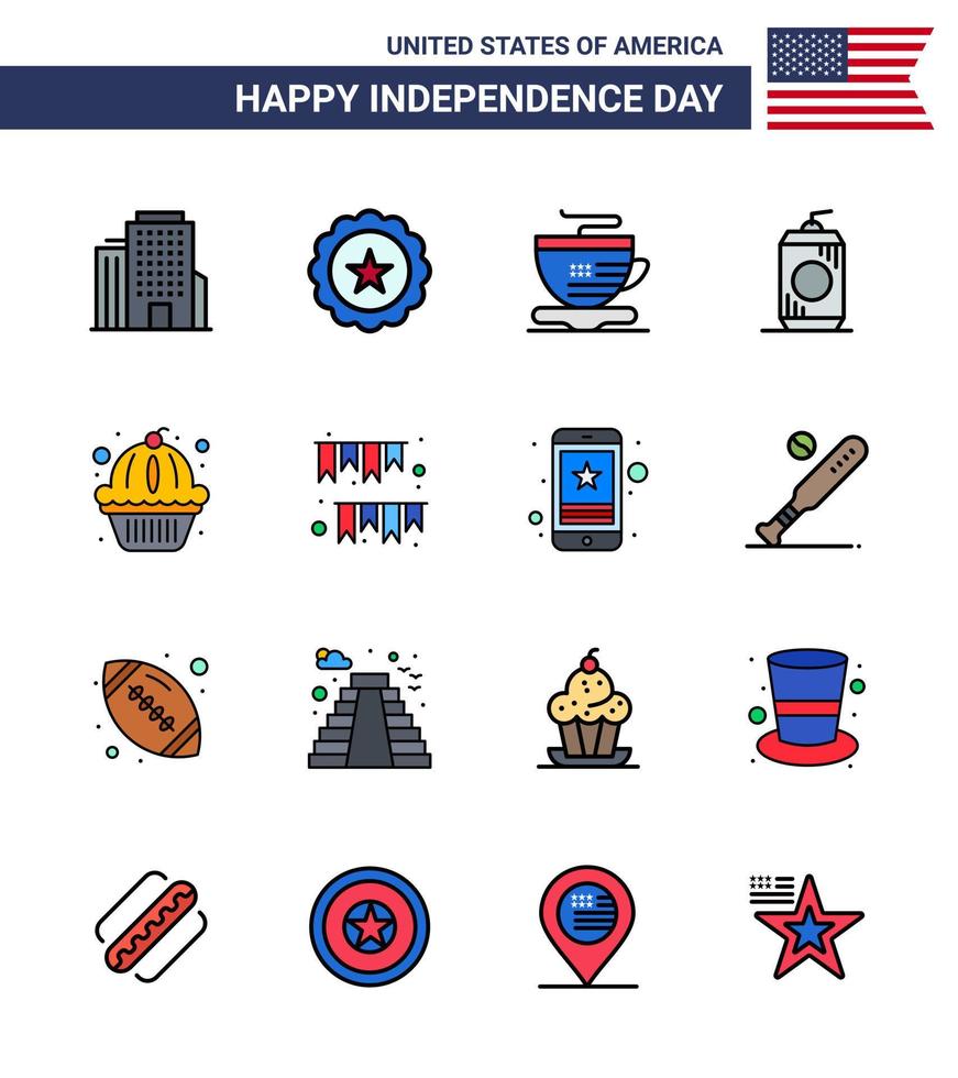 grupo de 16 líneas rellenas planas establecidas para el día de la independencia de los estados unidos de américa, como pastel muffin taza bebida americana elementos de diseño vectorial del día de estados unidos editables vector