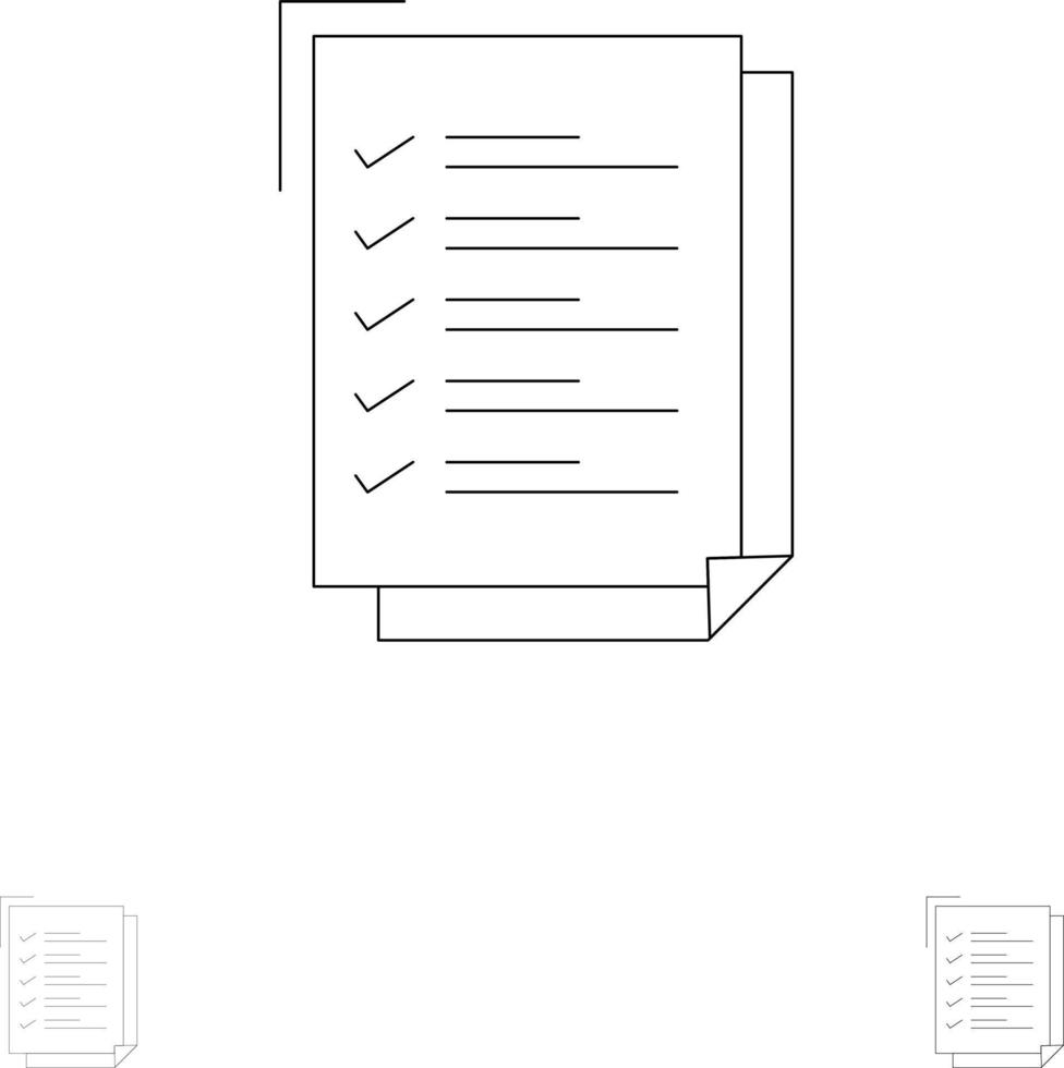 lista de verificación para hacer lista de tareas de trabajo bloc de notas negrita y conjunto de iconos de línea negra delgada vector