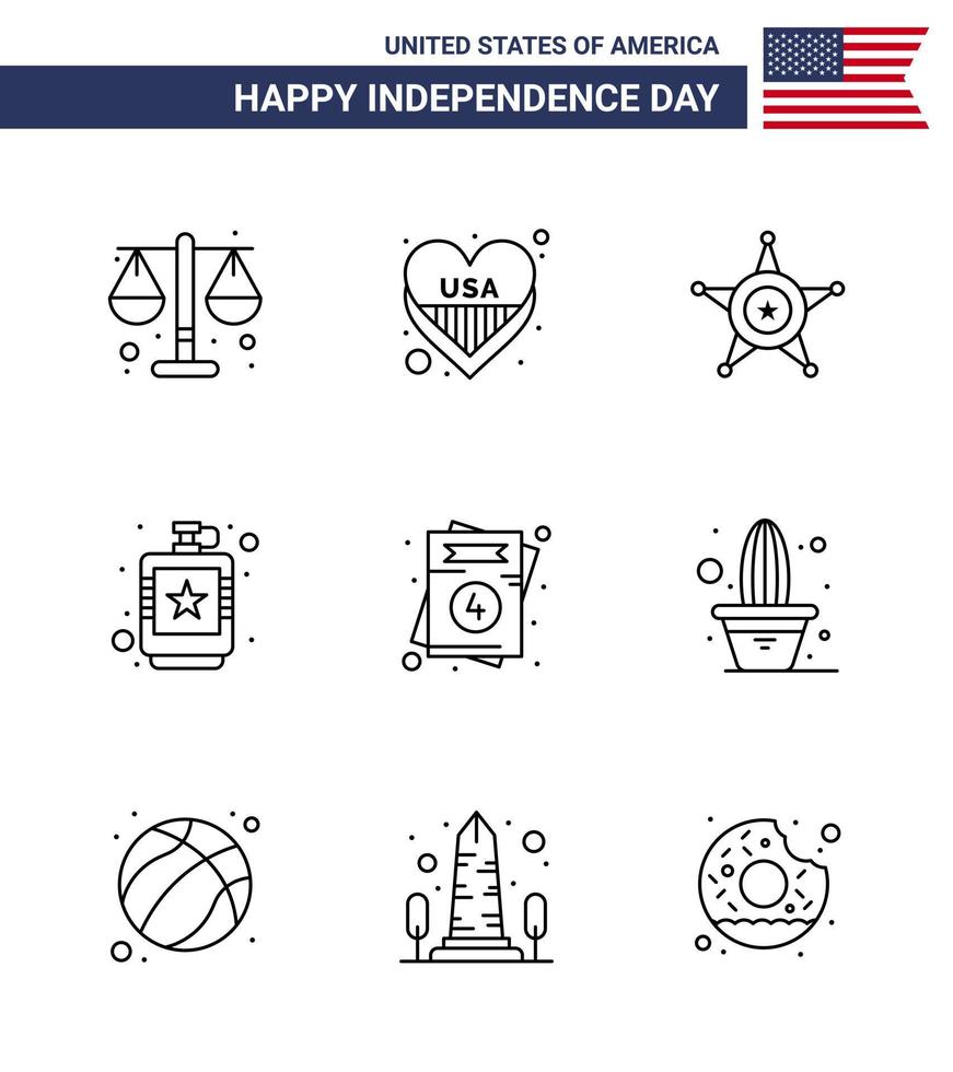 Set of 9 Vector Lines on 4th July USA Independence Day such as invitation hip men flask alcoholic Editable USA Day Vector Design Elements