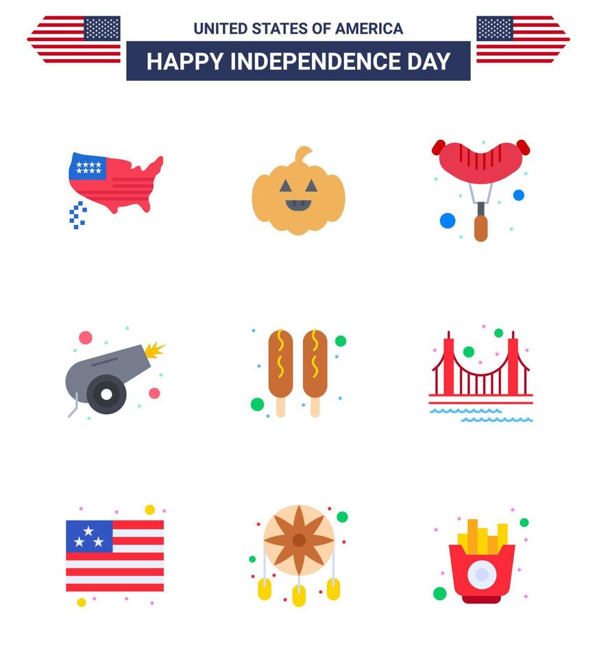 Set of 9 Modern Flats pack on USA Independence Day bridge hot dog frankfurter corn dog war Editable USA Day Vector Design Elements