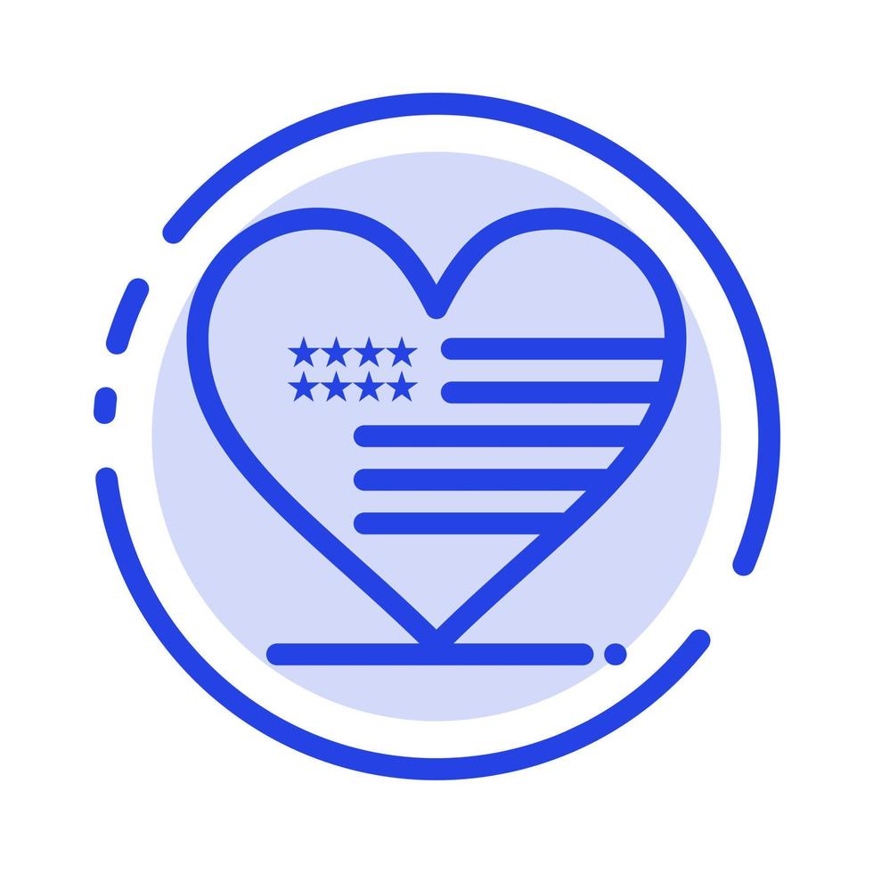 corazón amor bandera americana línea punteada azul icono de línea vector