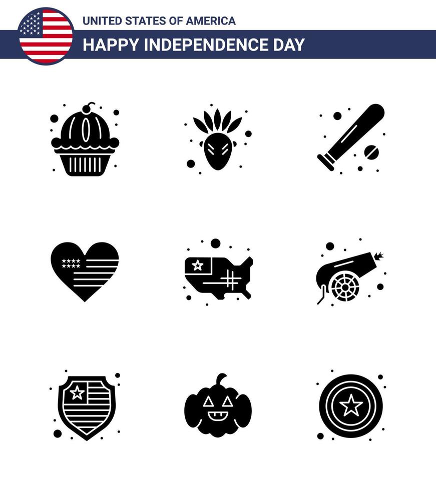 USA Happy Independence DayPictogram Set of 9 Simple Solid Glyphs of states flag baseball american heart Editable USA Day Vector Design Elements