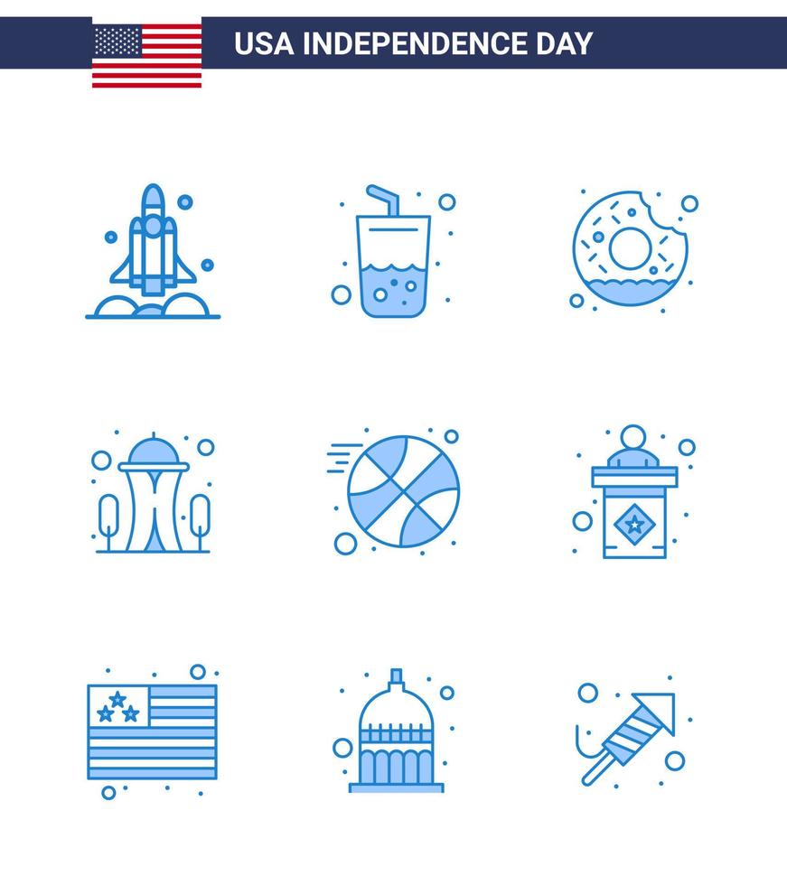 Happy Independence Day 4th July Set of 9 Blues American Pictograph of basketball needle cola landmark food Editable USA Day Vector Design Elements