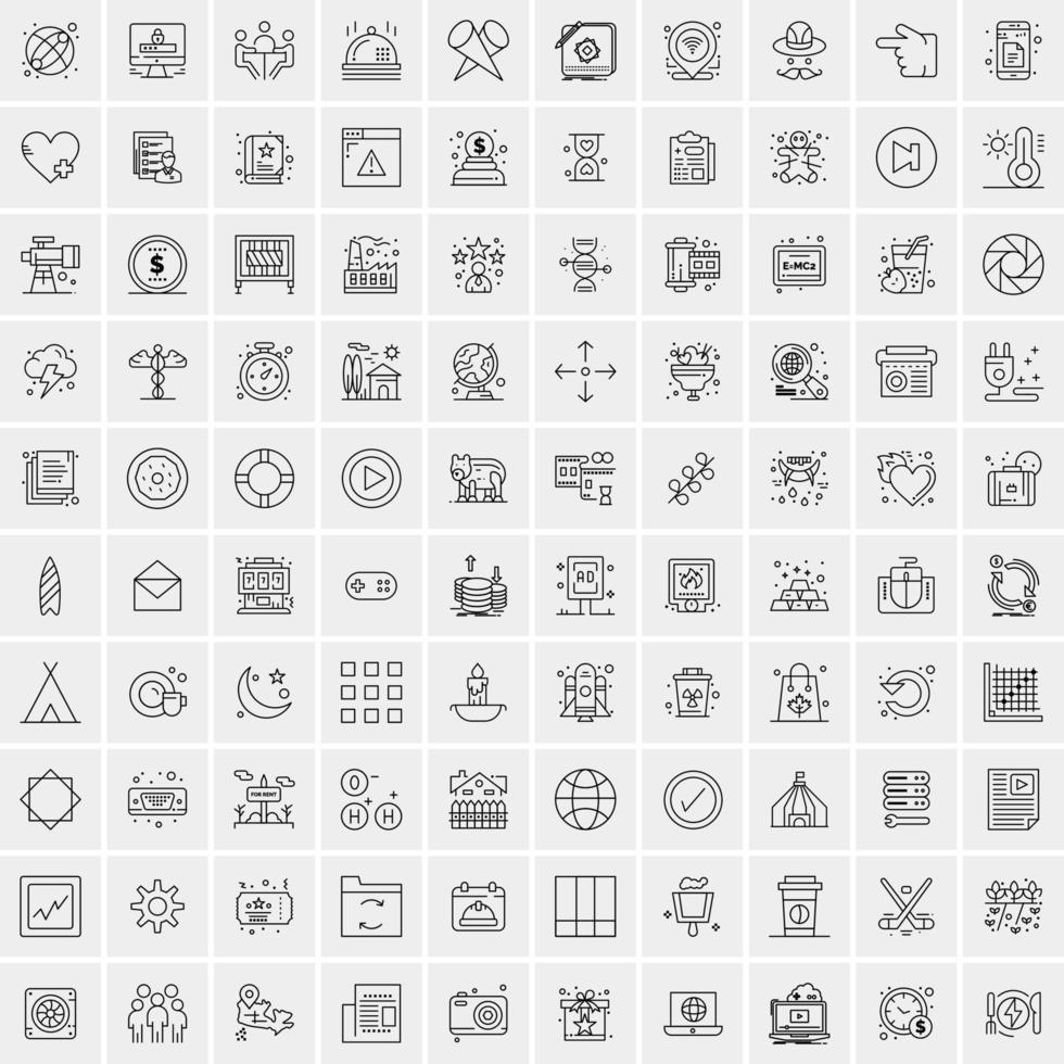 100 Universal Black Line Icons on White Background vector