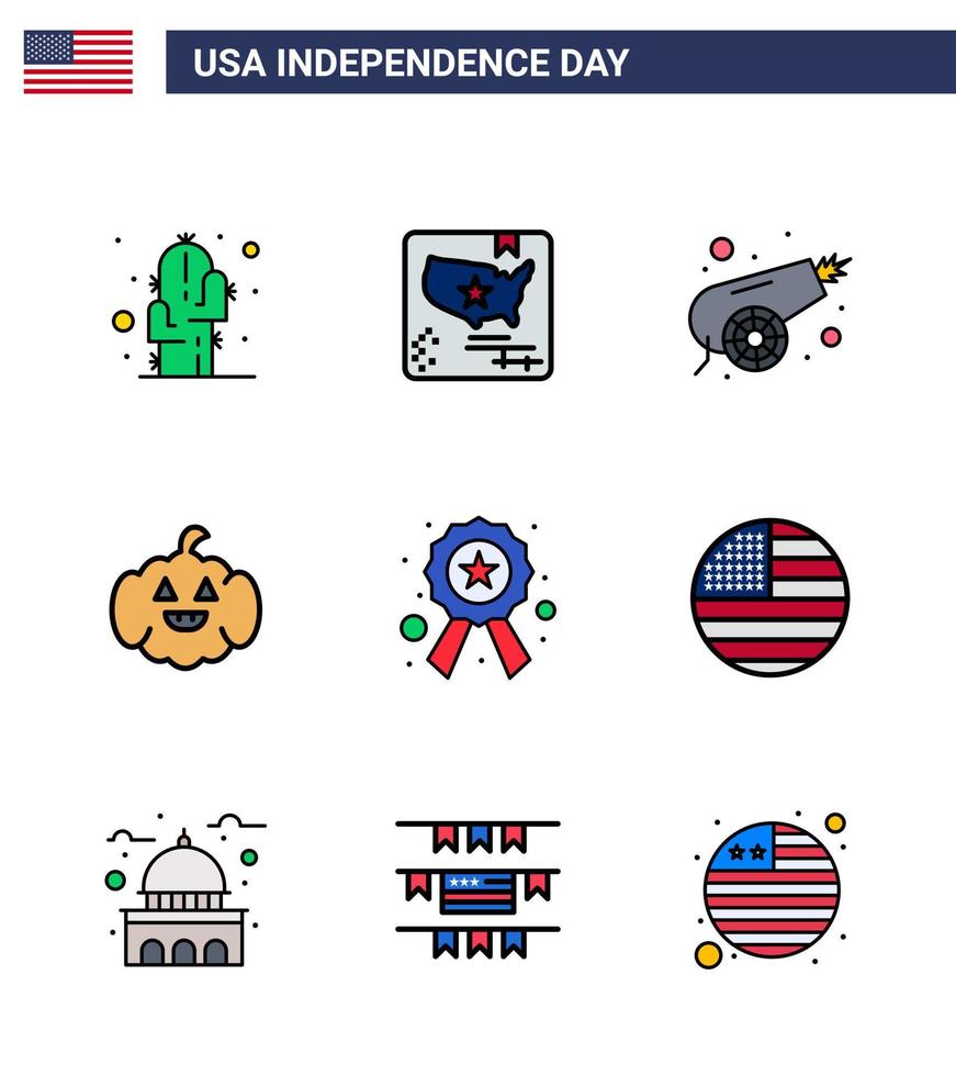 paquete de 9 líneas creativas llenas planas relacionadas con el día de la independencia de EE. UU. De insignia de estrella ejército EE. UU. Calabaza elementos de diseño vectorial editables del día de EE. UU. vector