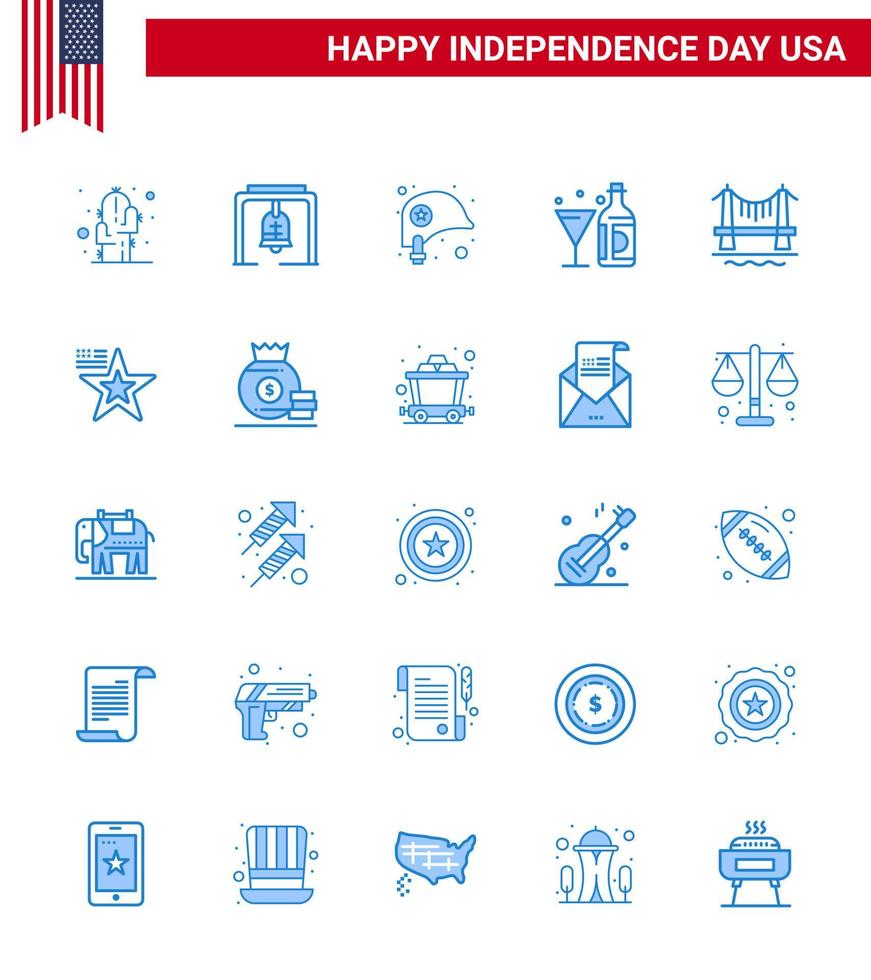 Modern Set of 25 Blues and symbols on USA Independence Day such as bridge bottle head american drink Editable USA Day Vector Design Elements